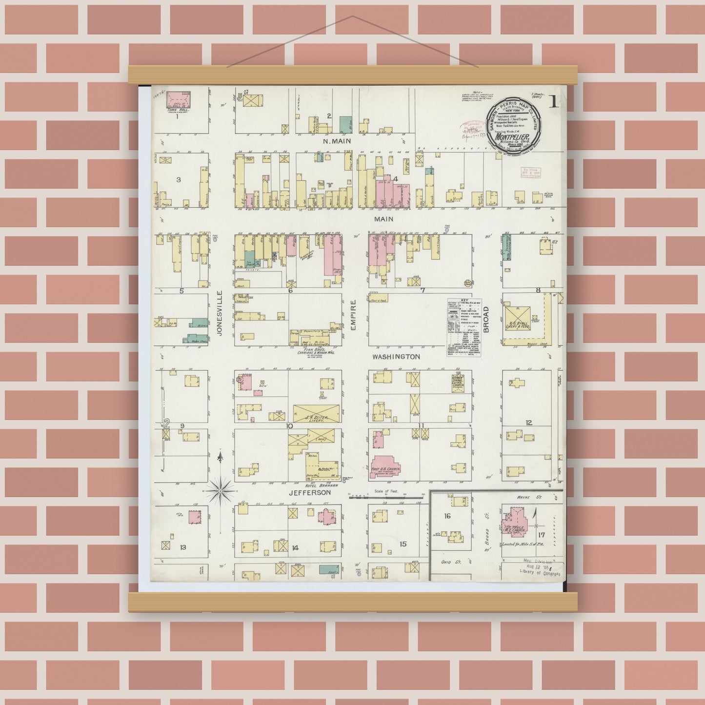 Old map wall art mockup — magnetic wood frame on brick wall — Sanborn Fire Insurance Map from Montpelier, Williams County, Ohio (1893) - Complete Map Set