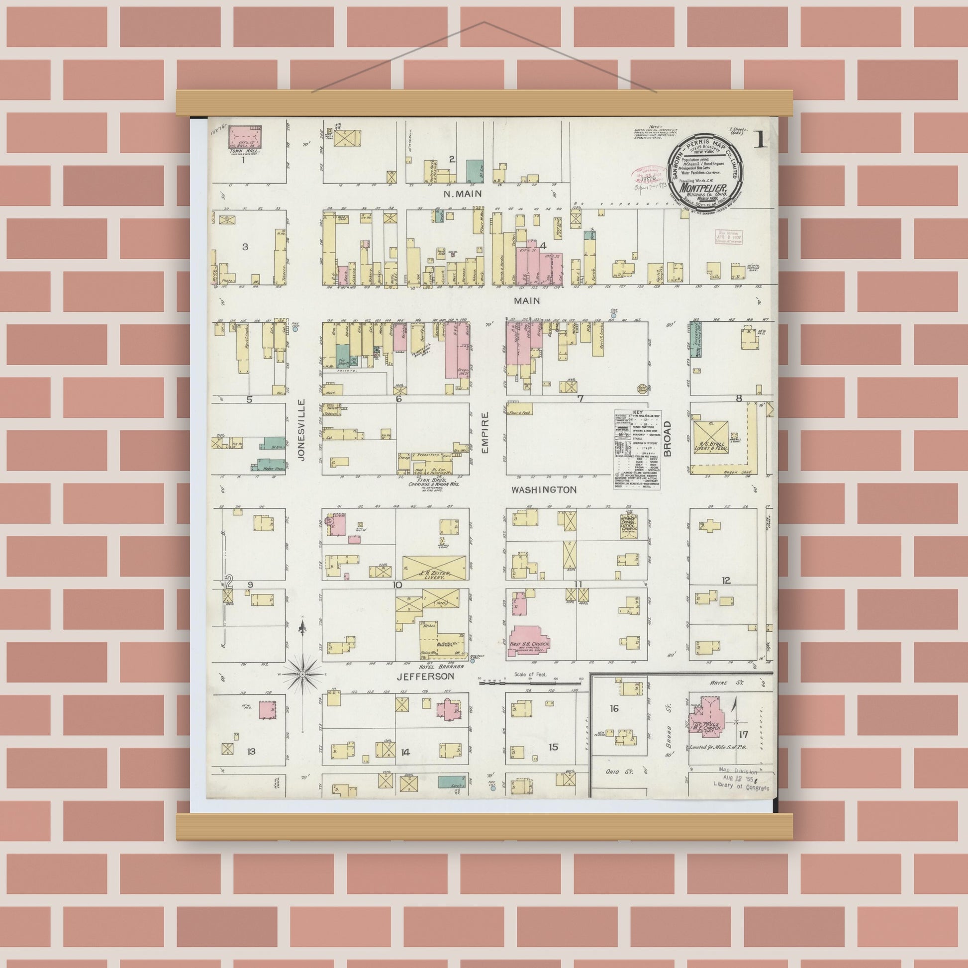 Old map wall art mockup — magnetic wood frame on brick wall — Sanborn Fire Insurance Map from Montpelier, Williams County, Ohio (1893) - Complete Map Set