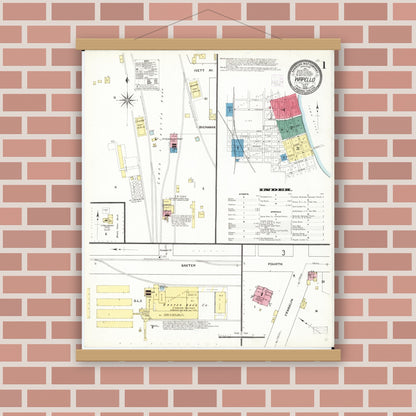 Old map wall art mockup — magnetic wood frame on brick wall — Sanborn Fire Insurance Map from Wapello, Louisa County, Iowa (1909), Sheet #0001