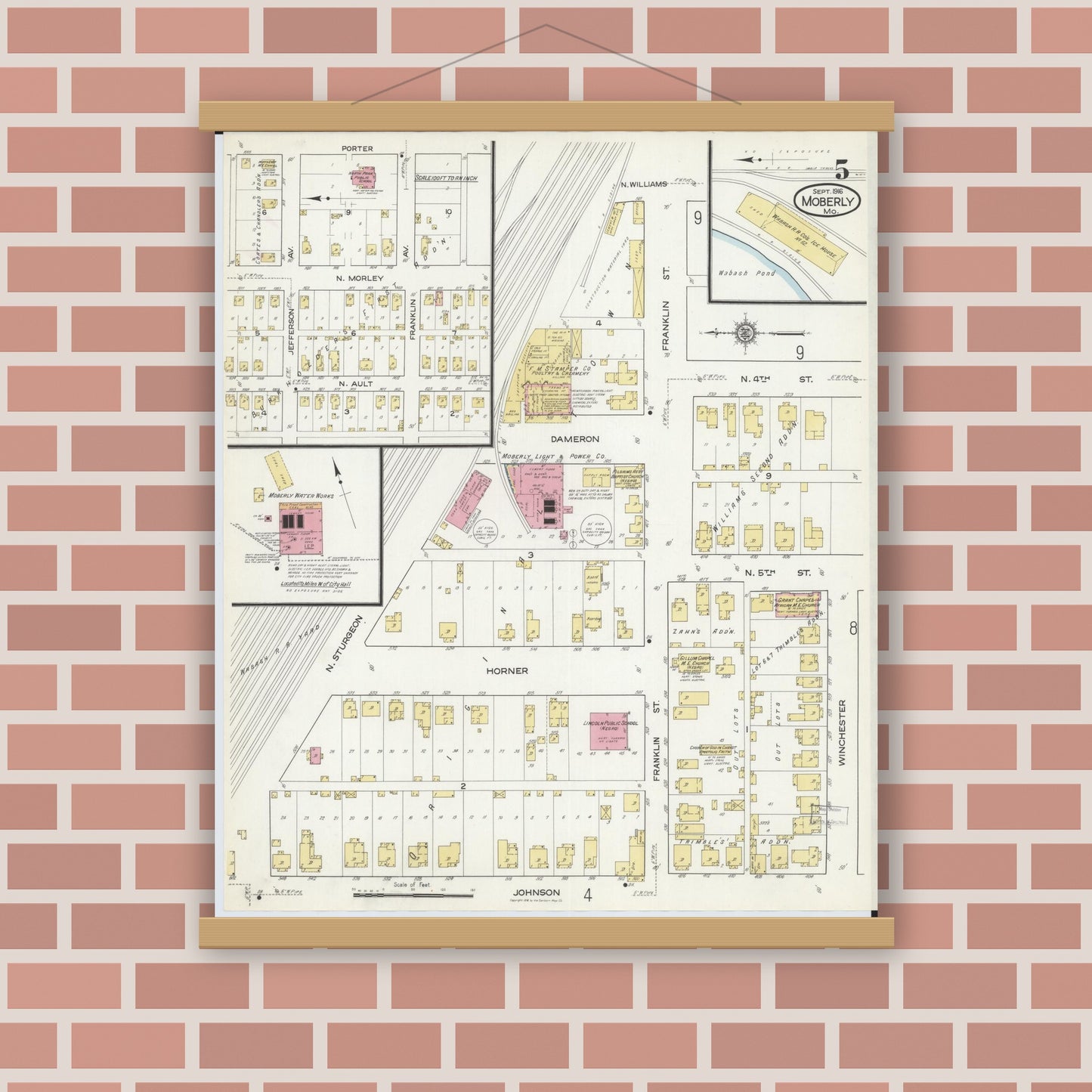 Old map wall art mockup — magnetic wood frame on brick wall — Sanborn Fire Insurance Map from Moberly, Randolph County, Missouri (1916), Sheet #0005