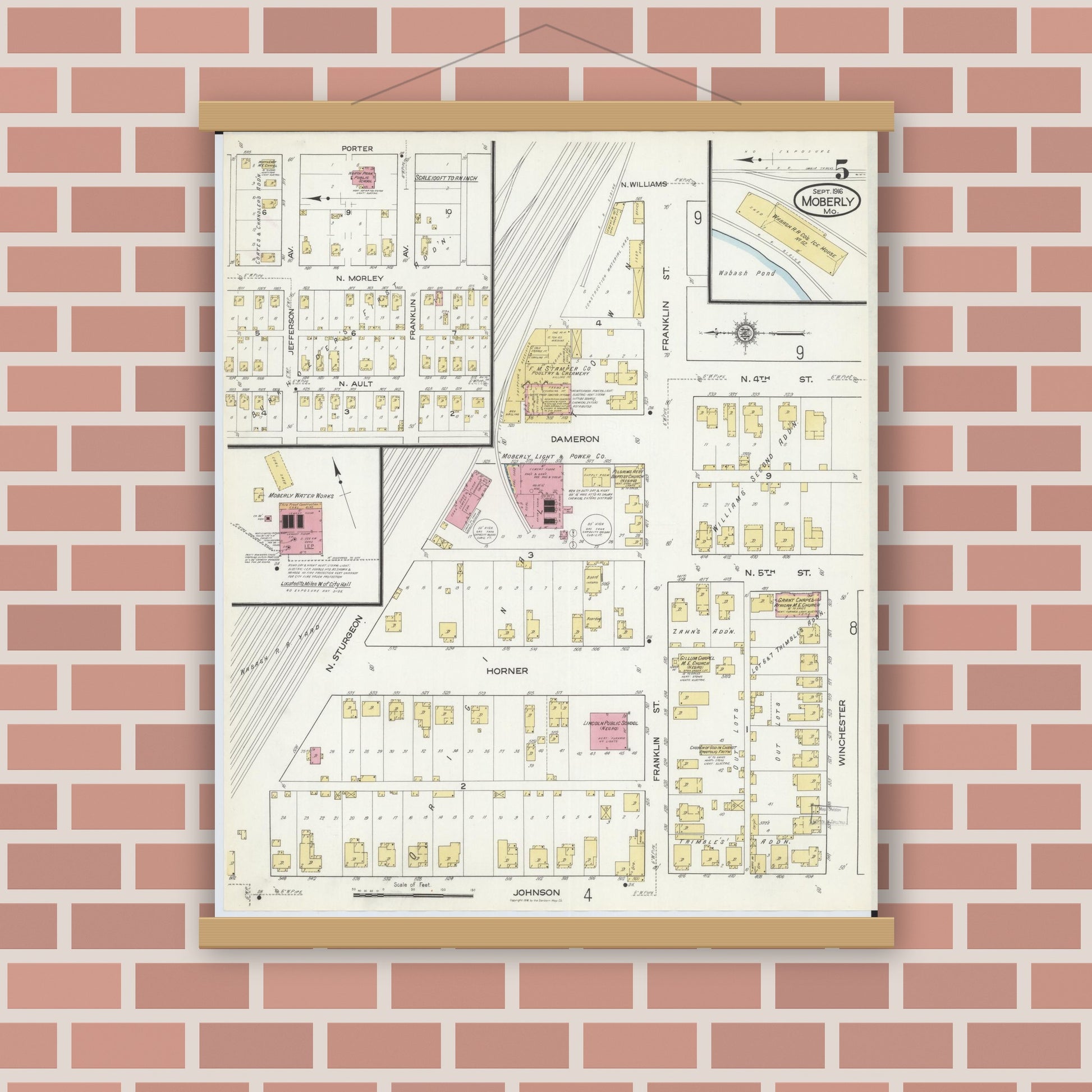 Old map wall art mockup — magnetic wood frame on brick wall — Sanborn Fire Insurance Map from Moberly, Randolph County, Missouri (1916), Sheet #0005
