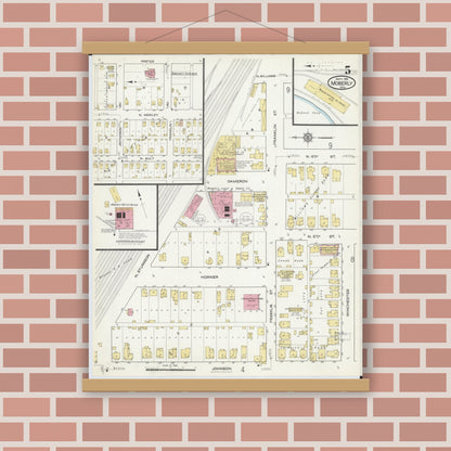 Old map wall art mockup — magnetic wood frame on brick wall — Sanborn Fire Insurance Map from Moberly, Randolph County, Missouri (1916), Sheet #0005