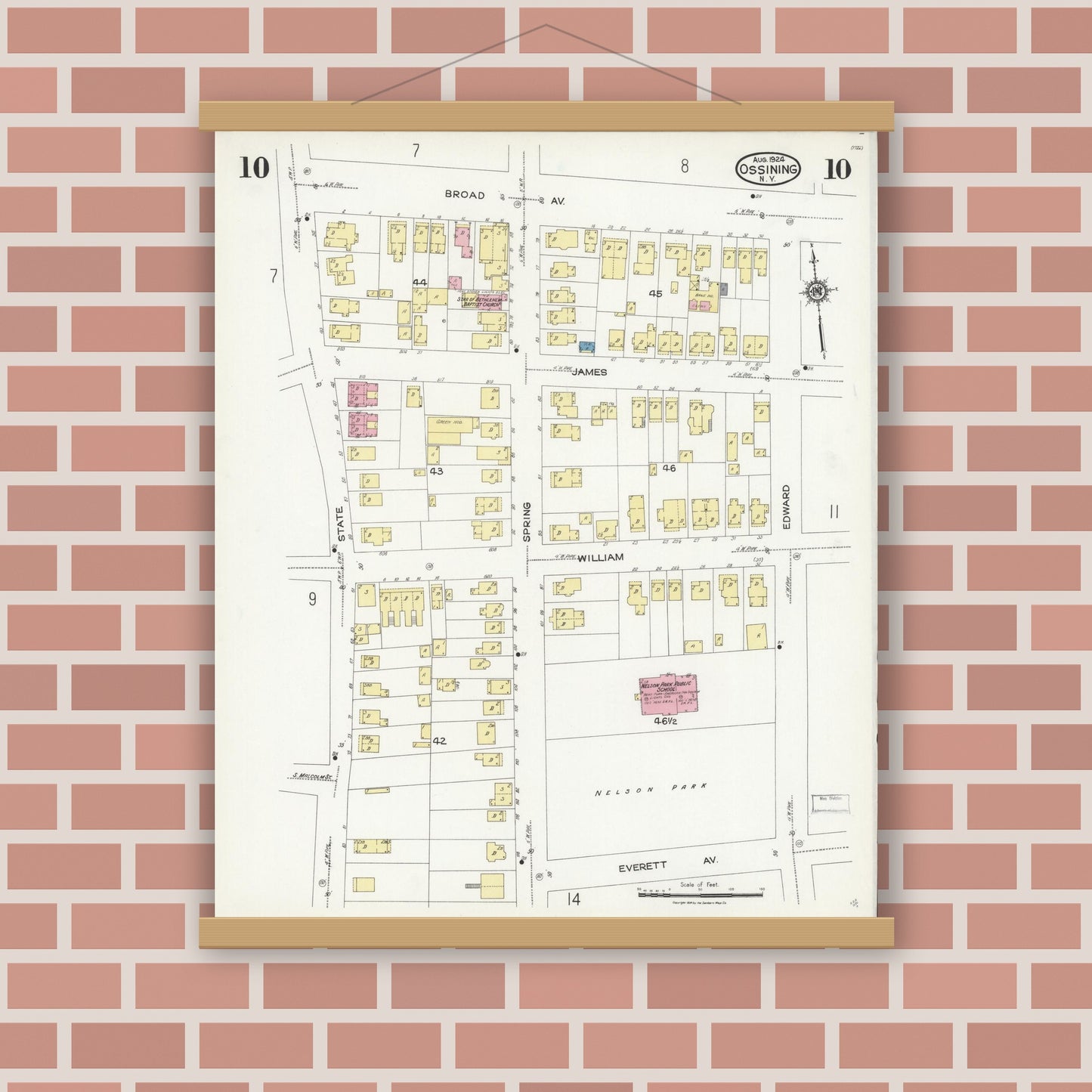 Old map wall art mockup — magnetic wood frame on brick wall — Sanborn Fire Insurance Map from Ossining, Westchester County, New York (1924), Sheet #0010