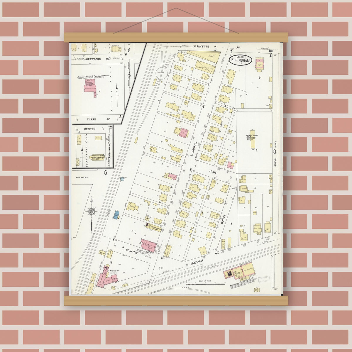 Old map wall art mockup — magnetic wood frame on brick wall — Sanborn Fire Insurance Map from Effingham, Effingham County, Illinois (1911), Sheet #0007