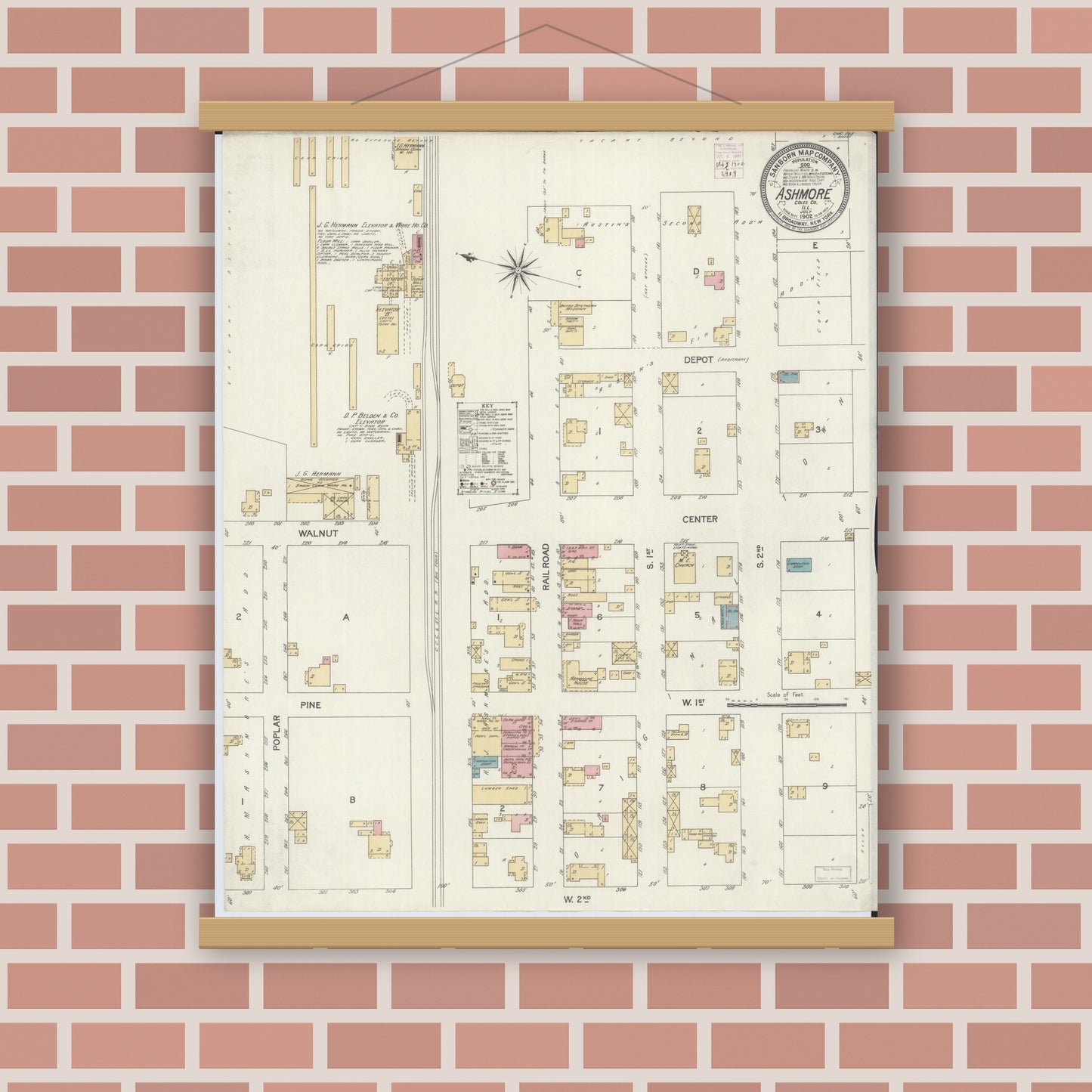 Old map wall art mockup — magnetic wood frame on brick wall — Sanborn Fire Insurance Map from Ashmore, Coles County, Illinois (1902), Sheet #0001