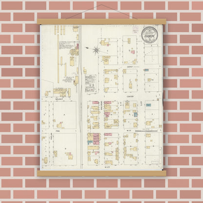 Old map wall art mockup — magnetic wood frame on brick wall — Sanborn Fire Insurance Map from Ashmore, Coles County, Illinois (1902), Sheet #0001