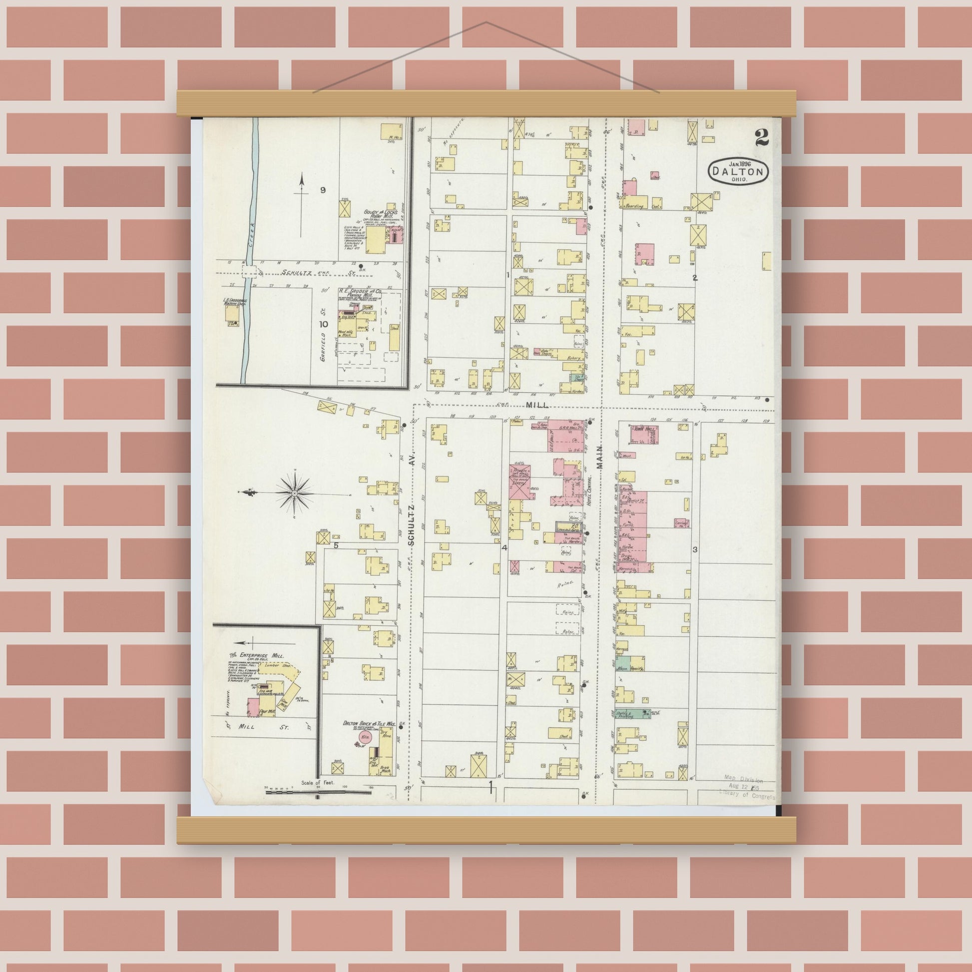 Old map wall art mockup — magnetic wood frame on brick wall — Sanborn Fire Insurance Map from Dalton, Wayne County, Ohio (1896), Sheet #0002