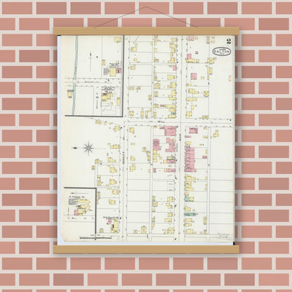 Old map wall art mockup — magnetic wood frame on brick wall — Sanborn Fire Insurance Map from Dalton, Wayne County, Ohio (1896), Sheet #0002