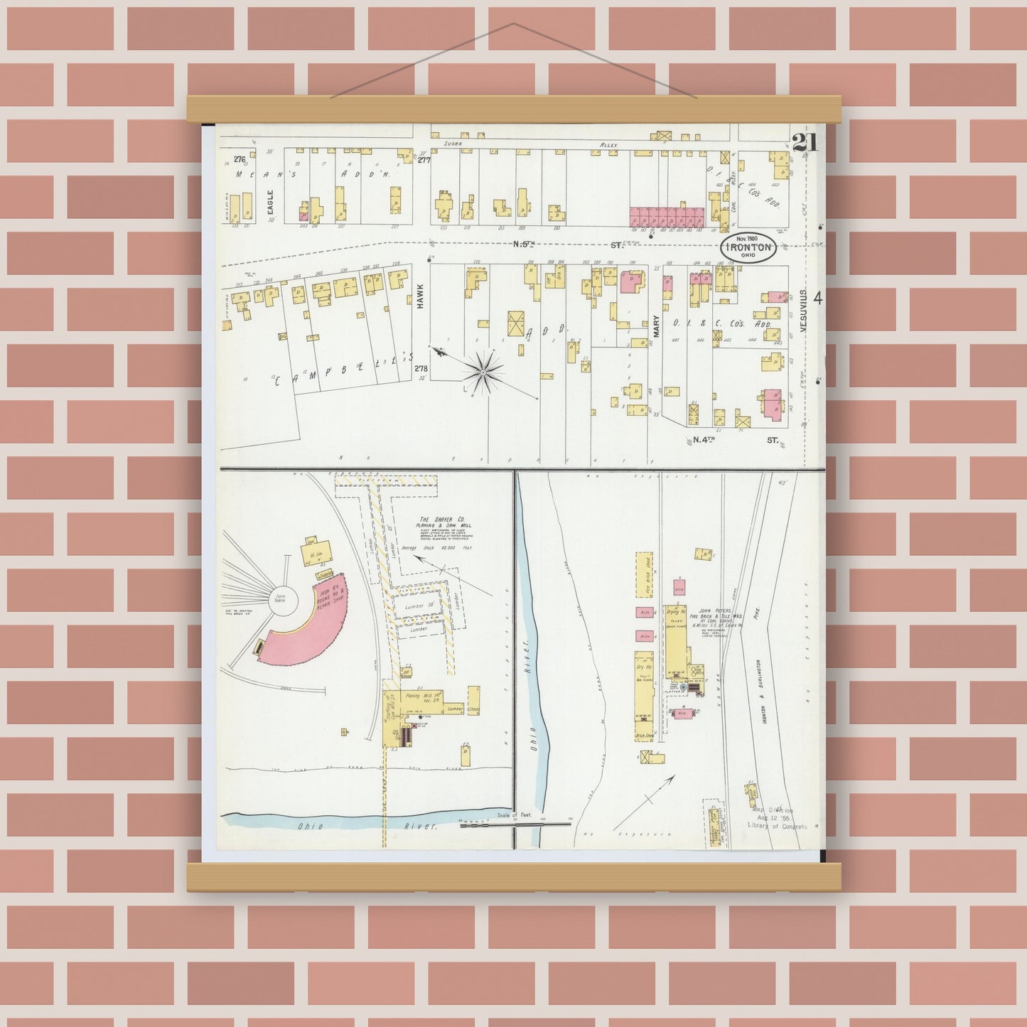 Old map wall art mockup — magnetic wood frame on brick wall — Sanborn Fire Insurance Map from Ironton, Lawrence County, Ohio (1900), Sheet #0021