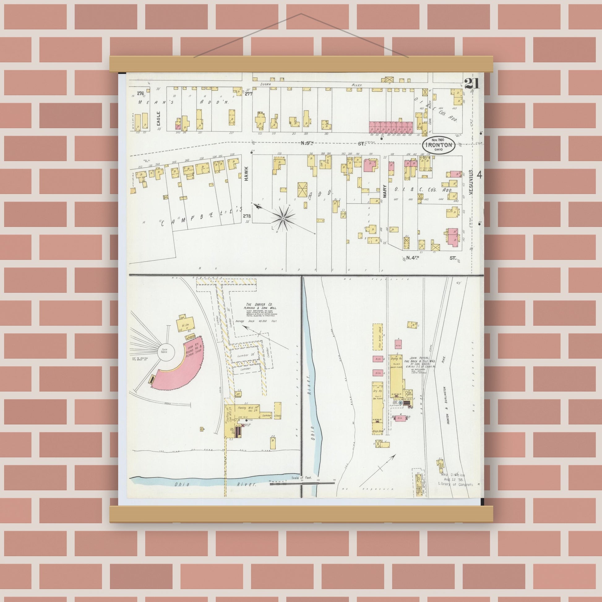 Old map wall art mockup — magnetic wood frame on brick wall — Sanborn Fire Insurance Map from Ironton, Lawrence County, Ohio (1900), Sheet #0021