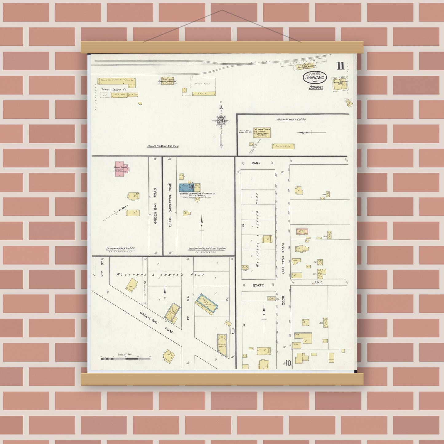 Old map wall art mockup — magnetic wood frame on brick wall — Sanborn Fire Insurance Map from Shawano, Shawano County, Wisconsin (1913), Sheet #0011