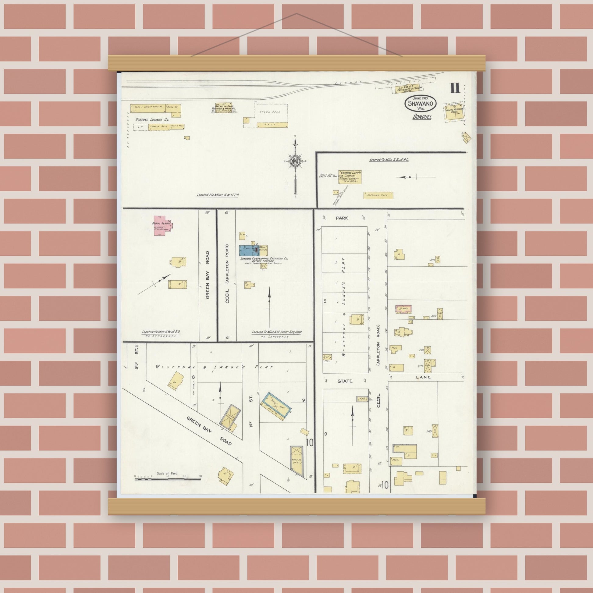 Old map wall art mockup — magnetic wood frame on brick wall — Sanborn Fire Insurance Map from Shawano, Shawano County, Wisconsin (1913), Sheet #0011