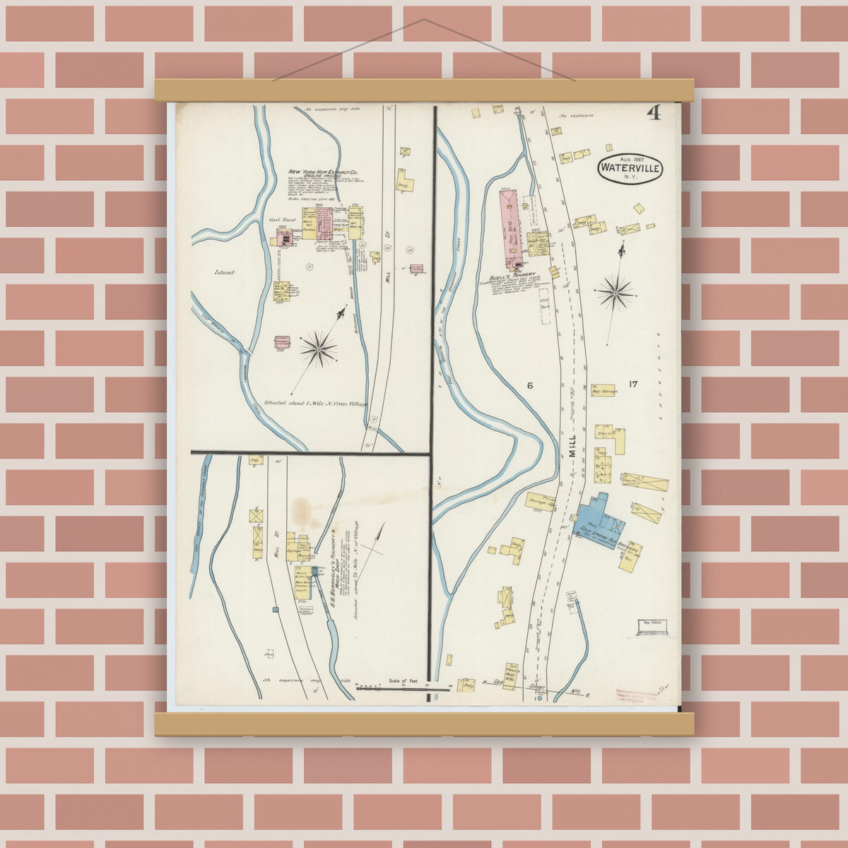 Old map wall art mockup — magnetic wood frame on brick wall — Sanborn Fire Insurance Map from Waterville, Oneida County, New York (1887), Sheet #0004