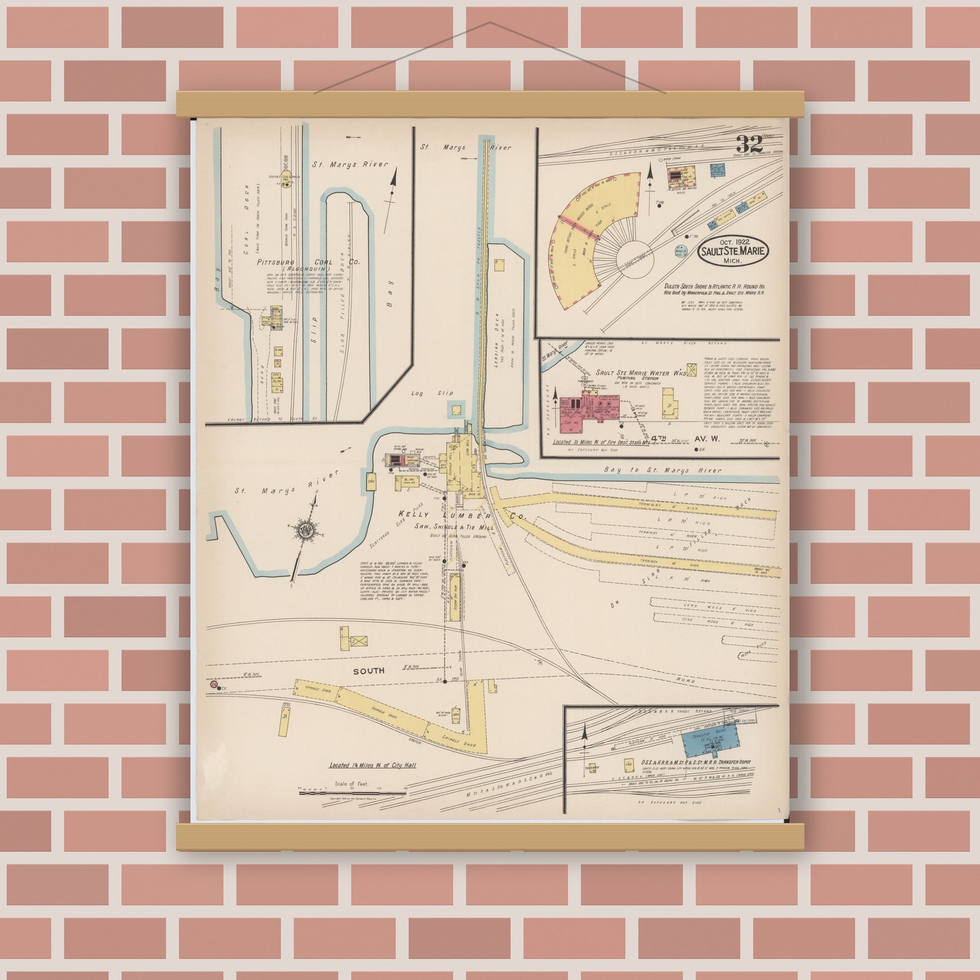 Old map wall art mockup — magnetic wood frame on brick wall — Sanborn Fire Insurance Map from Sault Sainte Marie, Chippewa County, Michigan (1922), Sheet #0032
