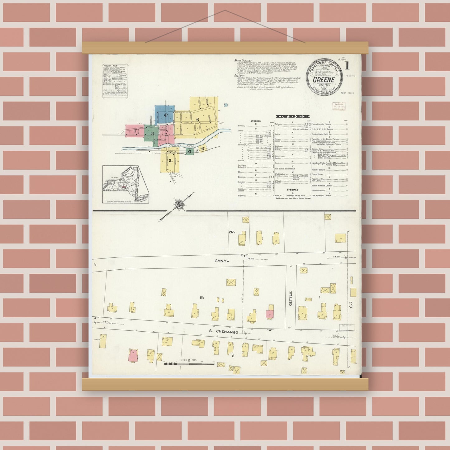 Old map wall art mockup — magnetic wood frame on brick wall — Sanborn Fire Insurance Map from Greene, Chenango County, New York (1915), Sheet #0001