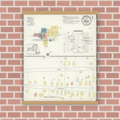 Old map wall art mockup — magnetic wood frame on brick wall — Sanborn Fire Insurance Map from Greene, Chenango County, New York (1915), Sheet #0001