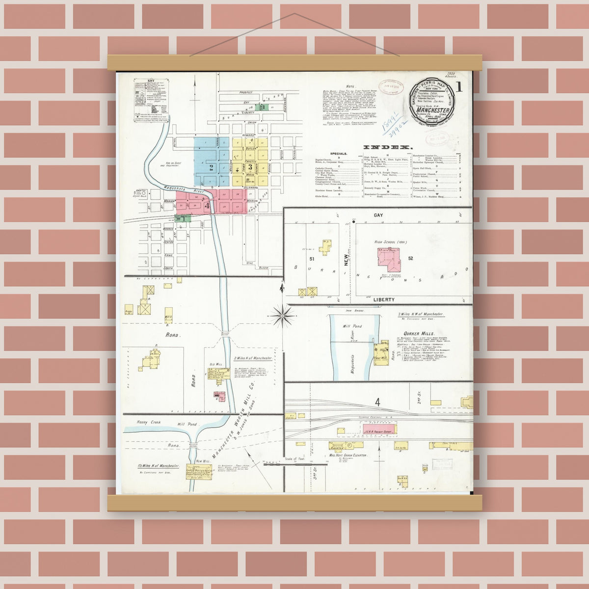 Old map wall art mockup — magnetic wood frame on brick wall — Sanborn Fire Insurance Map from Manchester, Delaware County, Iowa (1899) â€” Complete Set