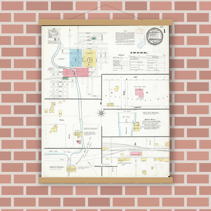 Old map wall art mockup — magnetic wood frame on brick wall — Sanborn Fire Insurance Map from Manchester, Delaware County, Iowa (1899) â€” Complete Set