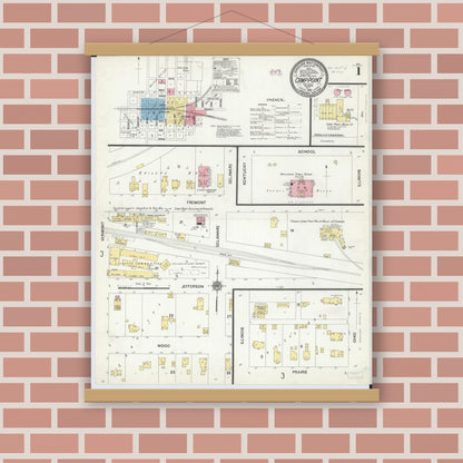 Old map wall art mockup — magnetic wood frame on brick wall — Sanborn Fire Insurance Map from Camp Point, Adams County, Illinois (1910), Sheet #0001