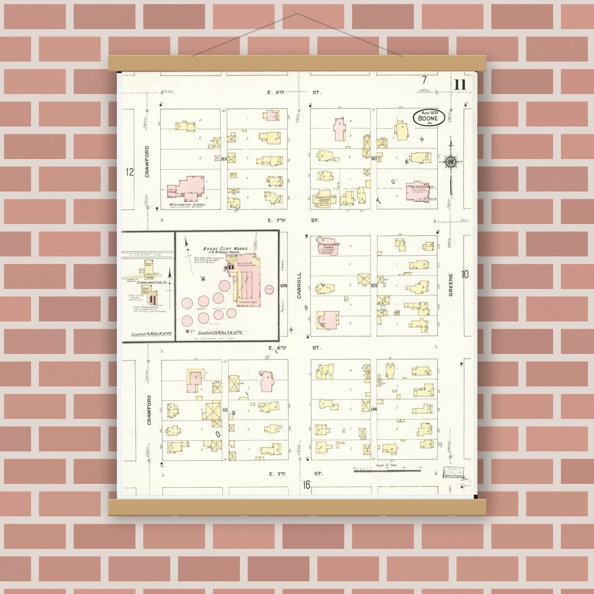 Old map wall art mockup — magnetic wood frame on brick wall — Sanborn Fire Insurance Map from Boone, Boone County, Iowa (1909), Sheet #0011