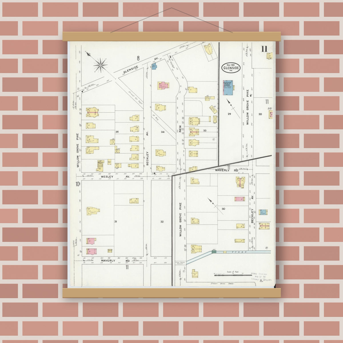 Old map wall art mockup — magnetic wood frame on brick wall — Sanborn Fire Insurance Map from Glenside, Montgomery County, Pennsylvania (1909), Sheet #0011
