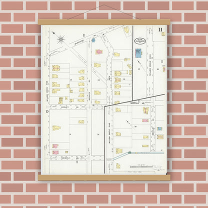 Old map wall art mockup — magnetic wood frame on brick wall — Sanborn Fire Insurance Map from Glenside, Montgomery County, Pennsylvania (1909), Sheet #0011