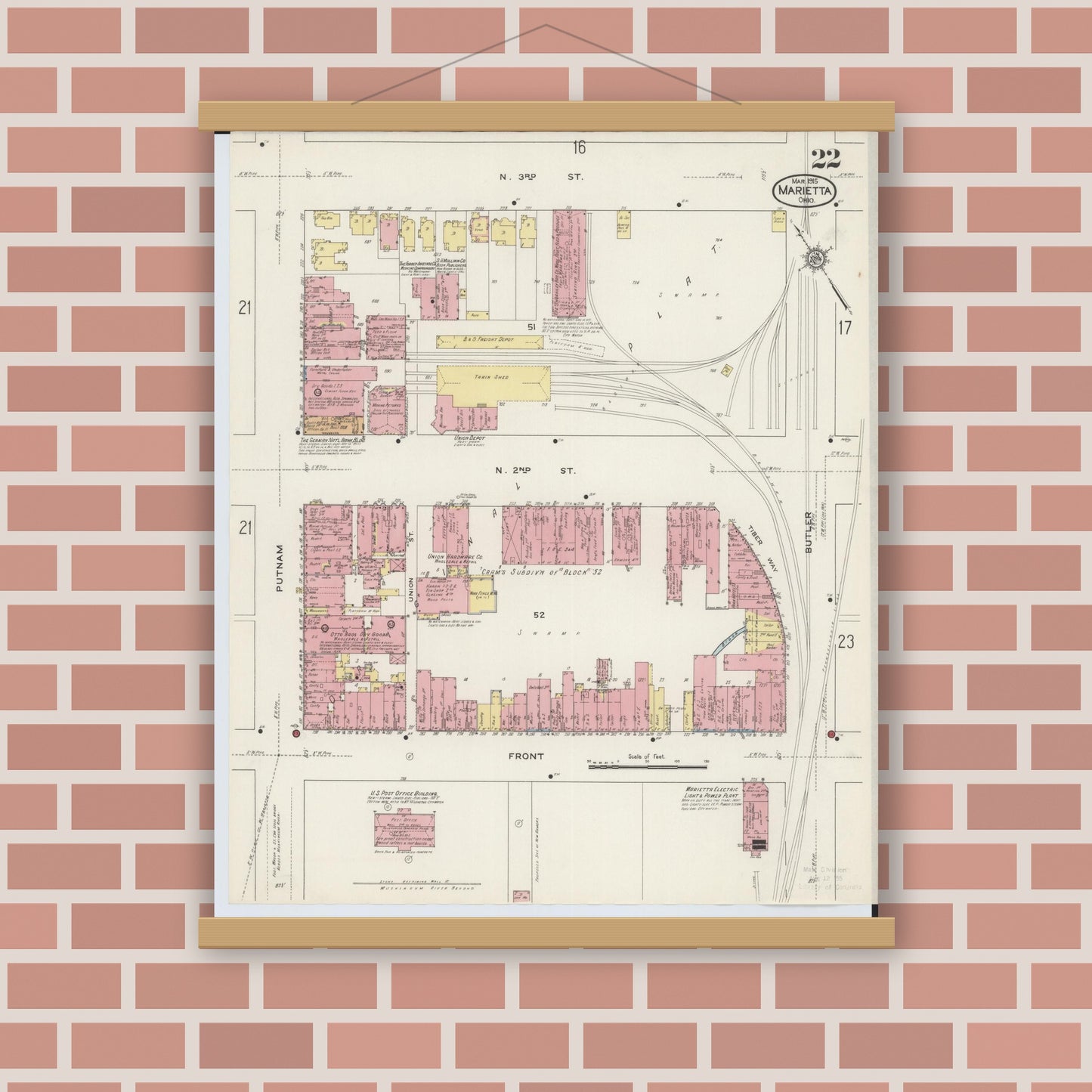 Old map wall art mockup — magnetic wood frame on brick wall — Sanborn Fire Insurance Map from Marietta, Washington County, Ohio (1915), Sheet #0022