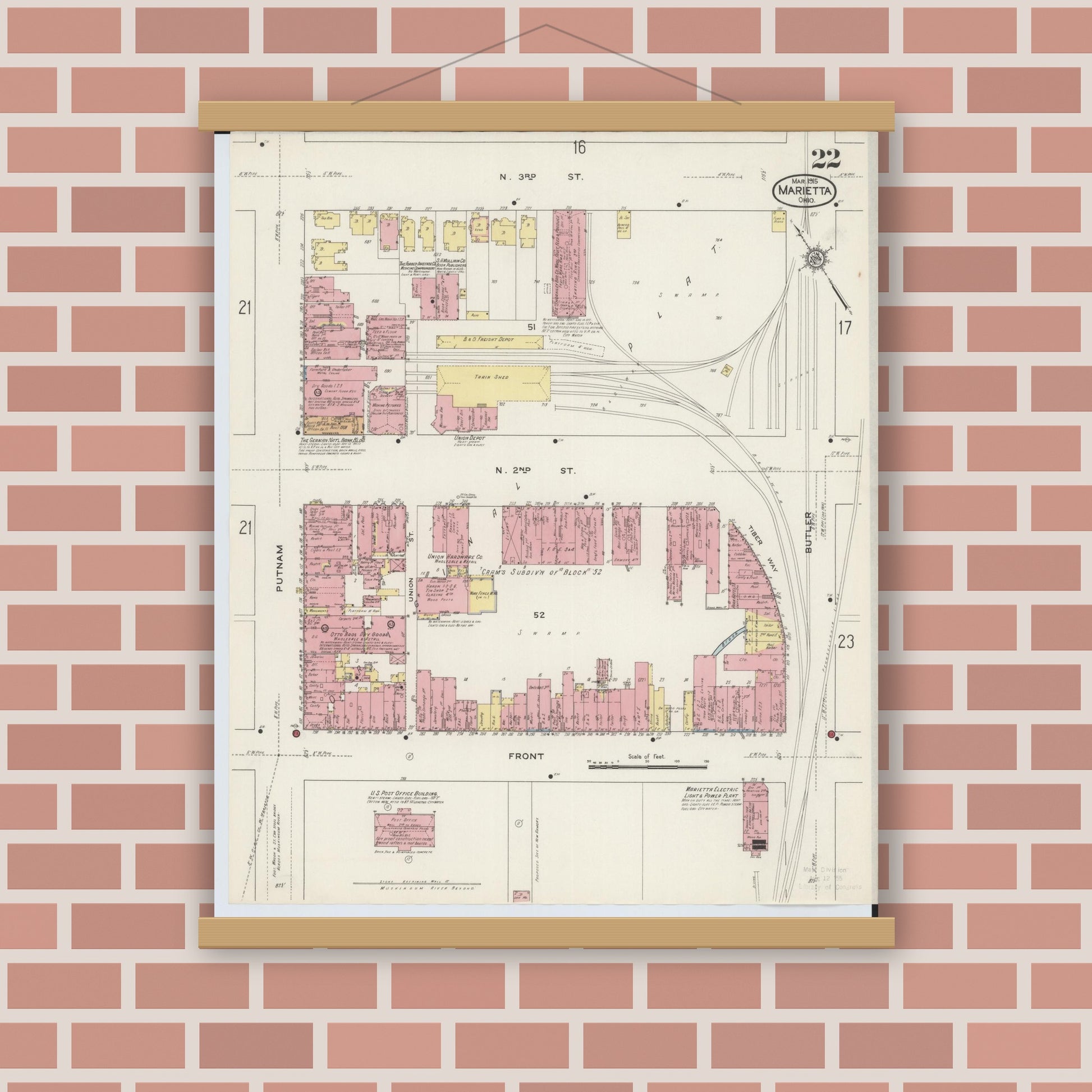 Old map wall art mockup — magnetic wood frame on brick wall — Sanborn Fire Insurance Map from Marietta, Washington County, Ohio (1915), Sheet #0022