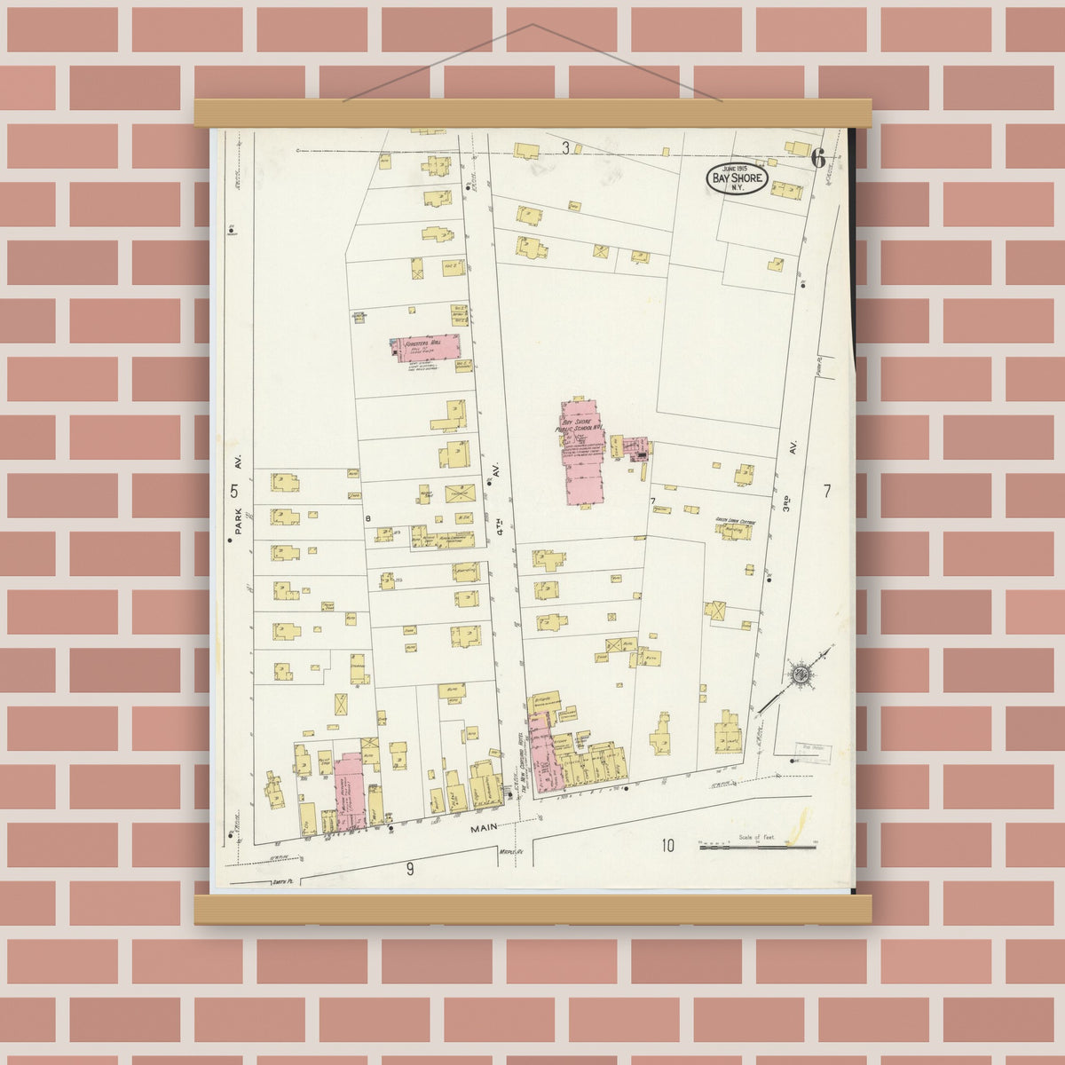 Old map wall art mockup — magnetic wood frame on brick wall — Sanborn Fire Insurance Map from Bay Shore, Suffolk County, New York (1915), Sheet #0006