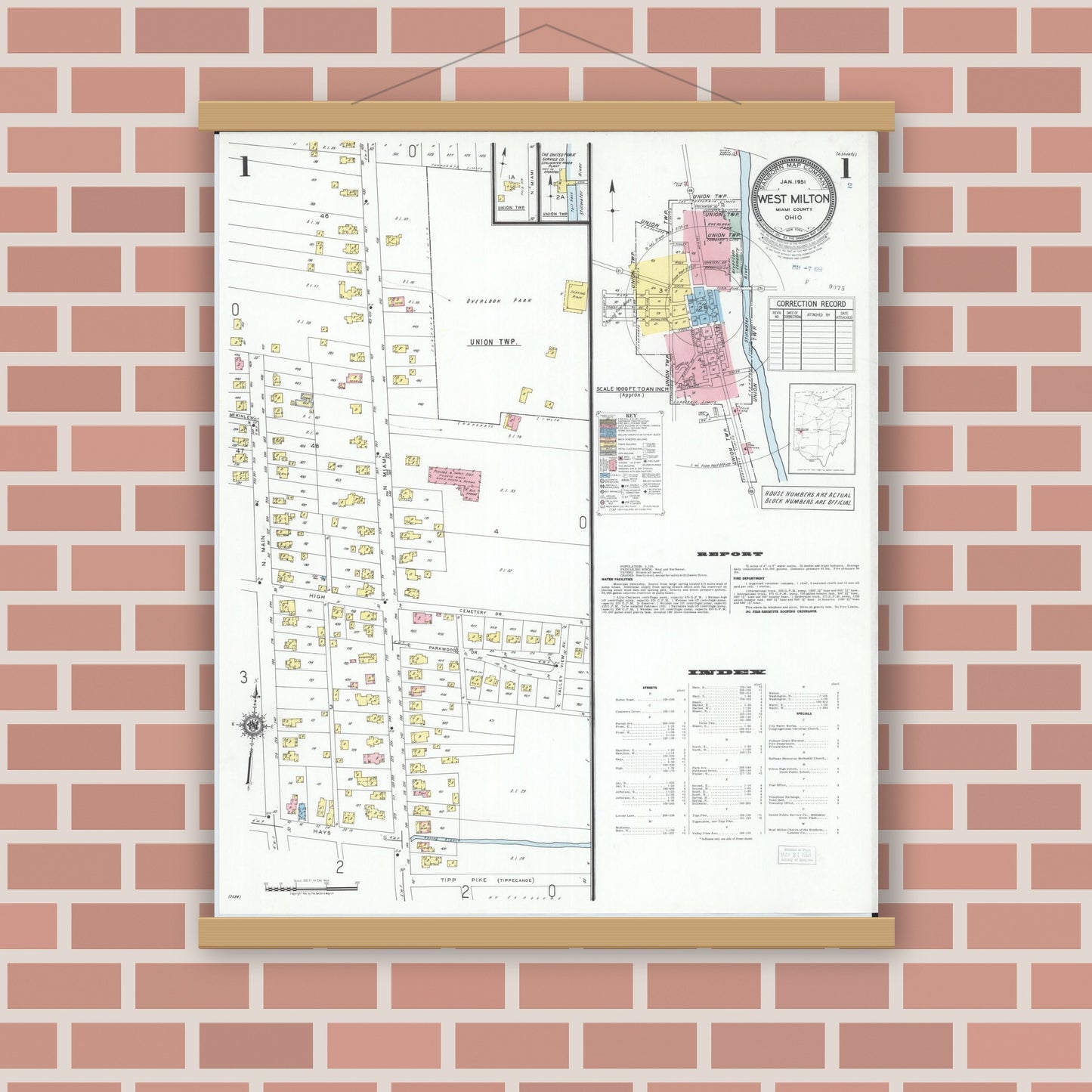 Old map wall art mockup — magnetic wood frame on brick wall — Sanborn Fire Insurance Map from West Milton, Miami County, Ohio (1951), Sheet #0001