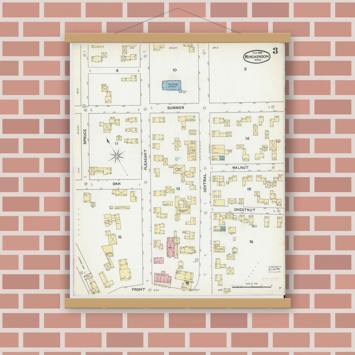 Old map wall art mockup — magnetic wood frame on brick wall — Sanborn Fire Insurance Map from Winchendon, Worcester County, Massachusetts (1892), Sheet #0003