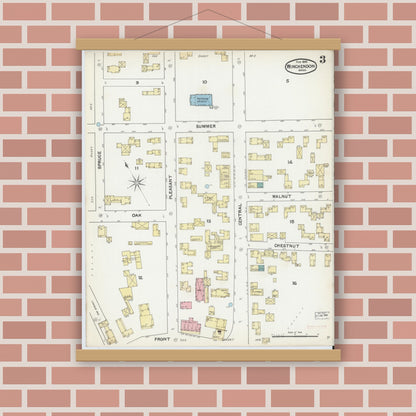 Old map wall art mockup — magnetic wood frame on brick wall — Sanborn Fire Insurance Map from Winchendon, Worcester County, Massachusetts (1892), Sheet #0003
