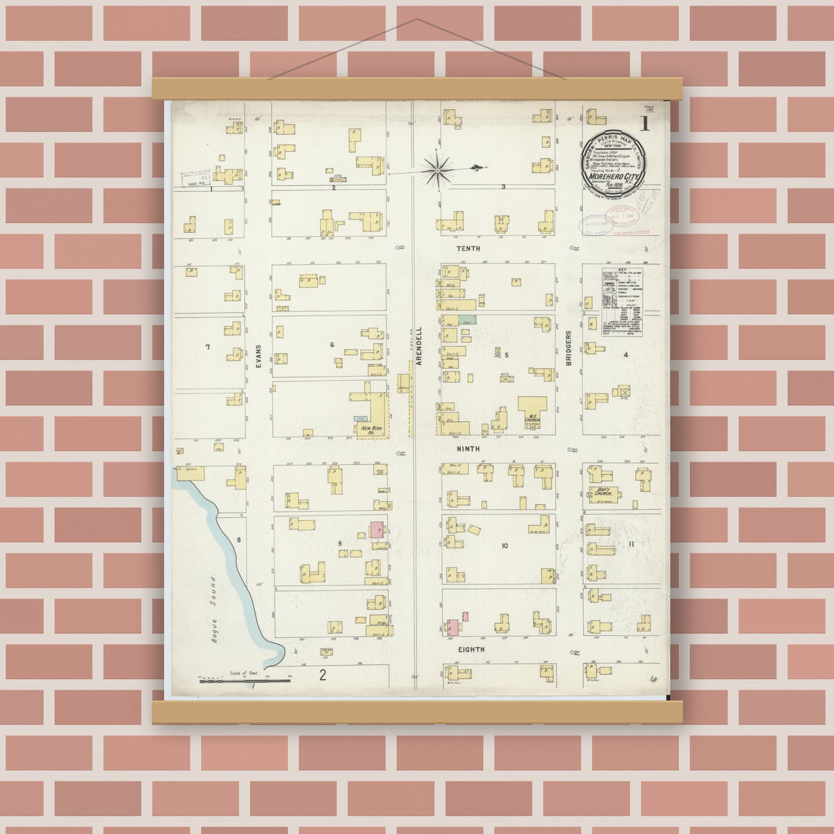 Old map wall art mockup — magnetic wood frame on brick wall — Sanborn Fire Insurance Map from Morehead City, Carteret County, North Carolina (1898) - Complete Map Set