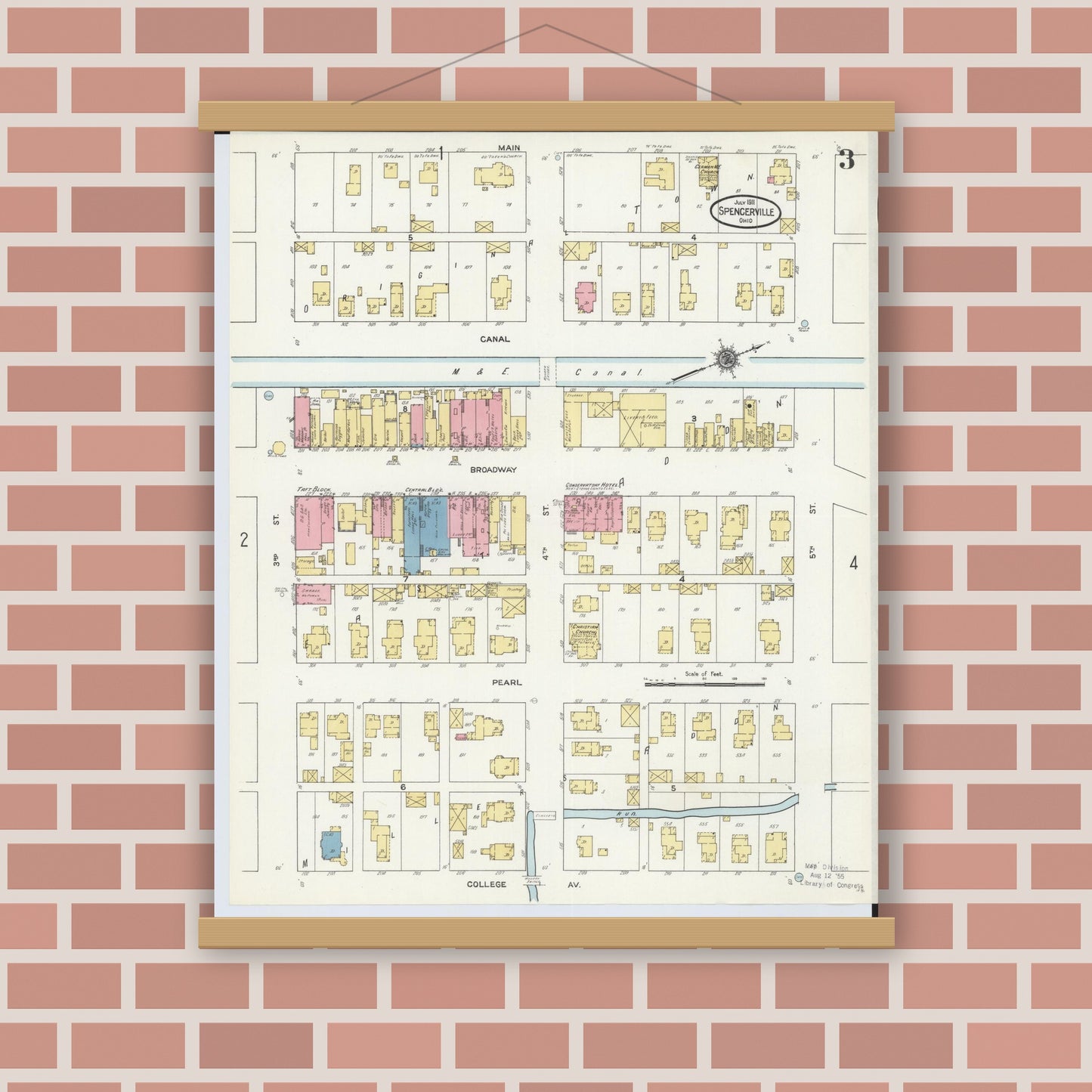 Old map wall art mockup — magnetic wood frame on brick wall — Sanborn Fire Insurance Map from Spencerville, Allen County, Ohio (1911), Sheet #0003