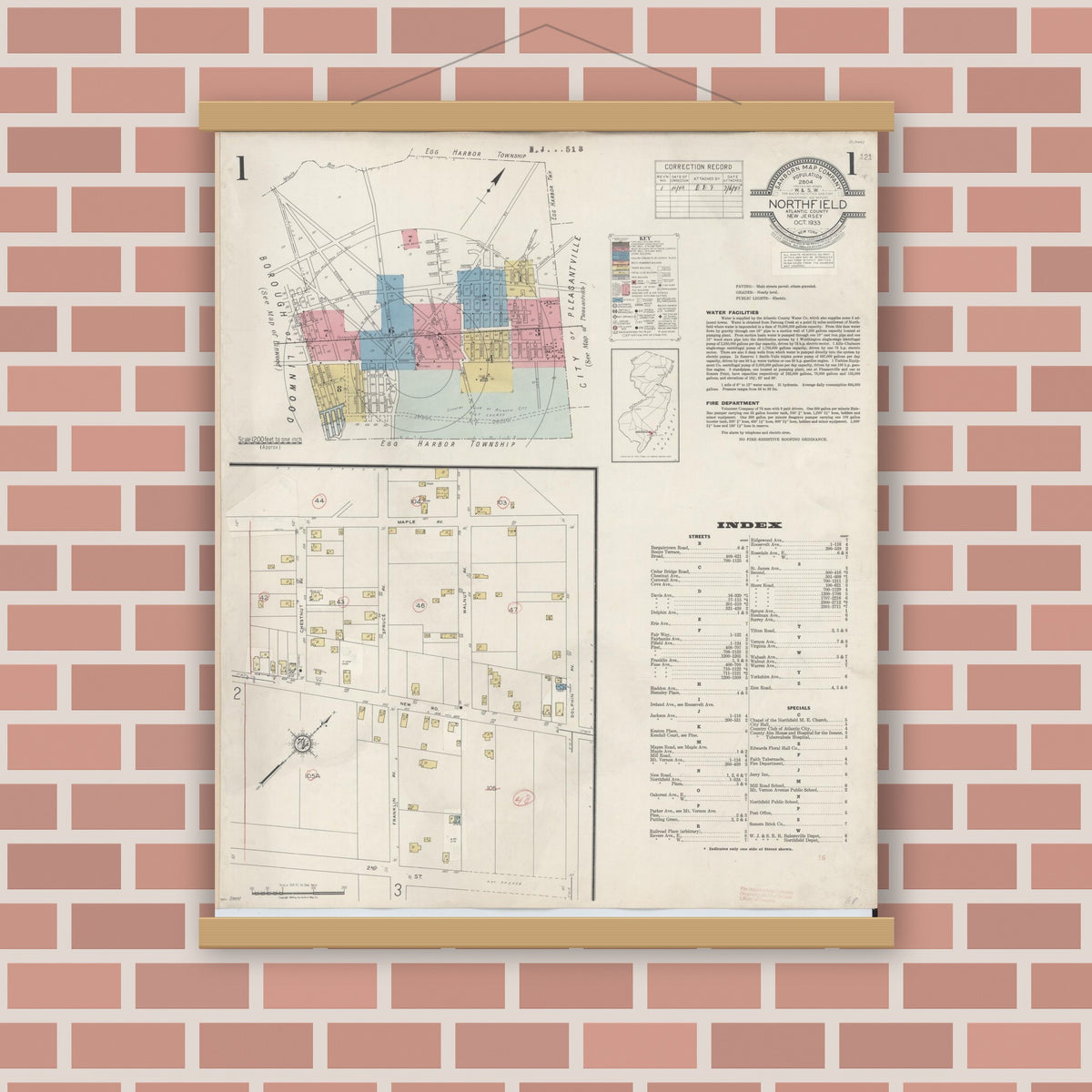 Old map wall art mockup — magnetic wood frame on brick wall — Sanborn Fire Insurance Map from Northfield, Atlantic County, New Jersey (1942), Sheet #0001