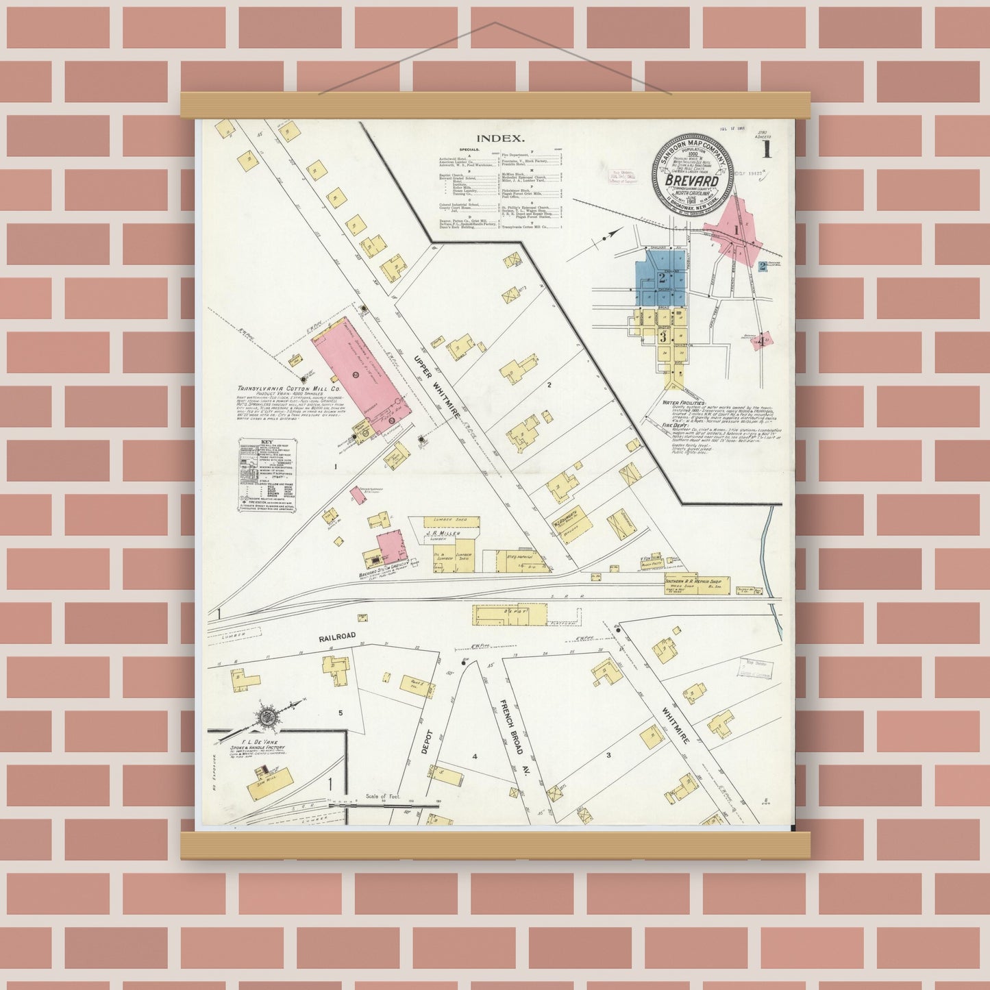 Old map wall art mockup — magnetic wood frame on brick wall — Sanborn Fire Insurance Map from Brevard, Transylvania County, North Carolina (1911) - Complete Map Set
