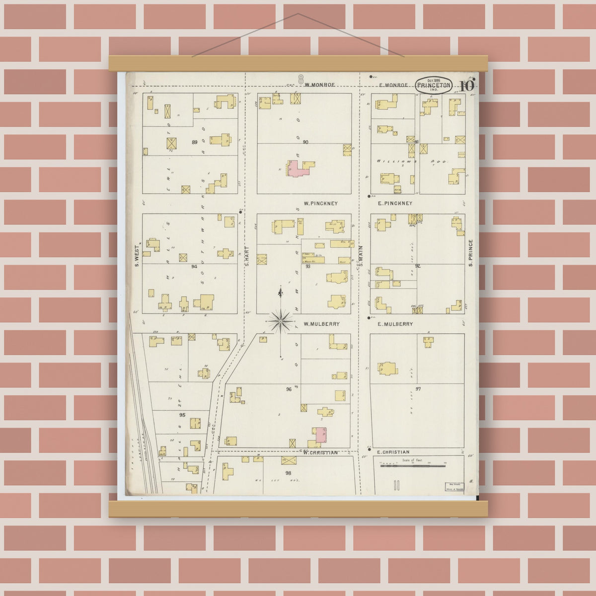 Old map wall art mockup — magnetic wood frame on brick wall — Sanborn Fire Insurance Map from Princeton, Gibson County, Indiana (1895), Sheet #0010