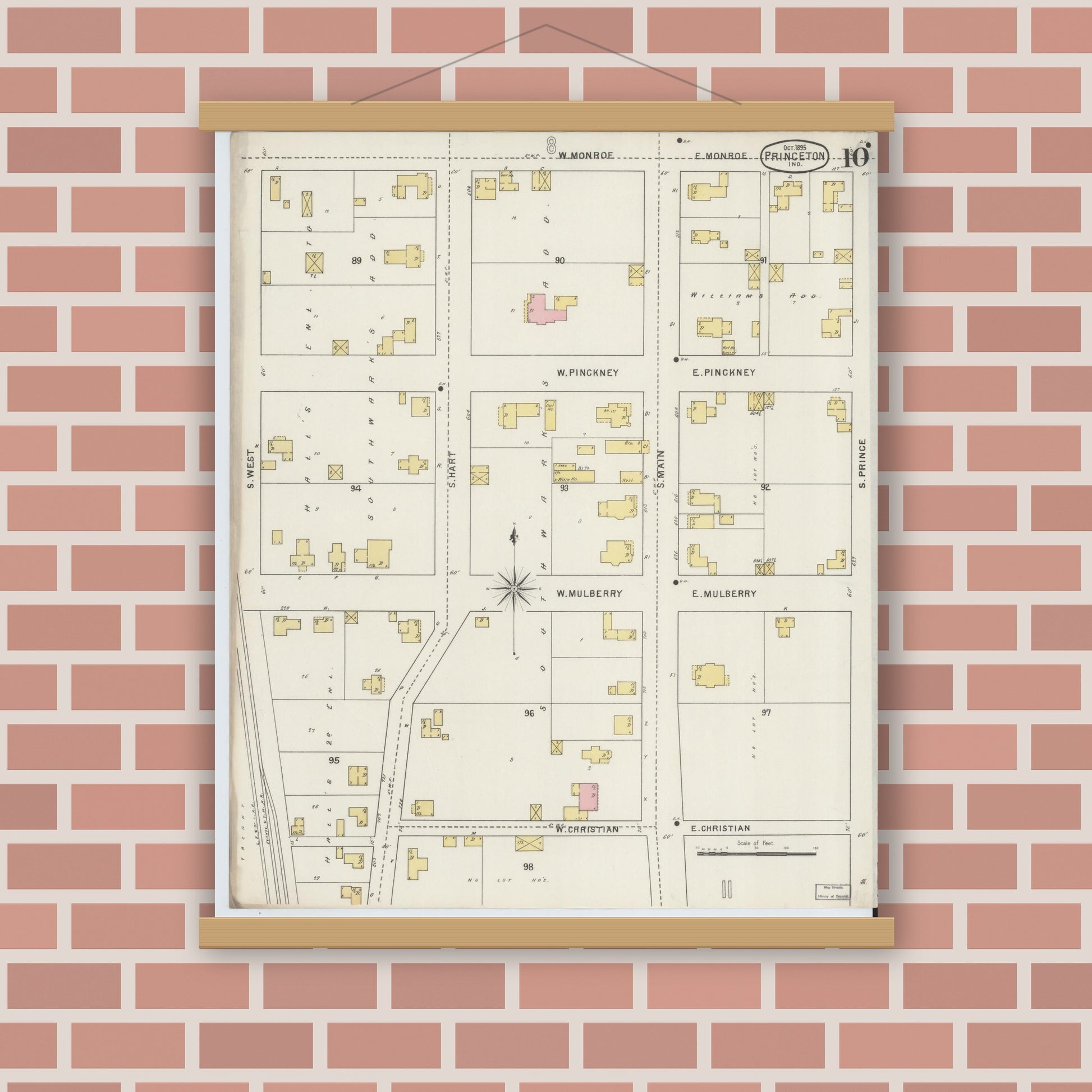 Old map wall art mockup — magnetic wood frame on brick wall — Sanborn Fire Insurance Map from Princeton, Gibson County, Indiana (1895), Sheet #0010