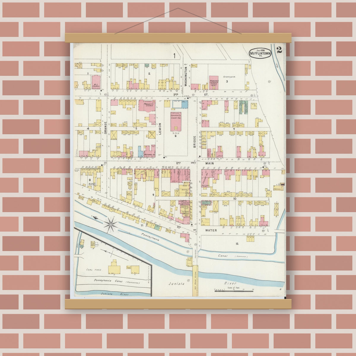 Old map wall art mockup — magnetic wood frame on brick wall — Sanborn Fire Insurance Map from Mifflintown, Juniata County, Pennsylvania (1896), Sheet #0002