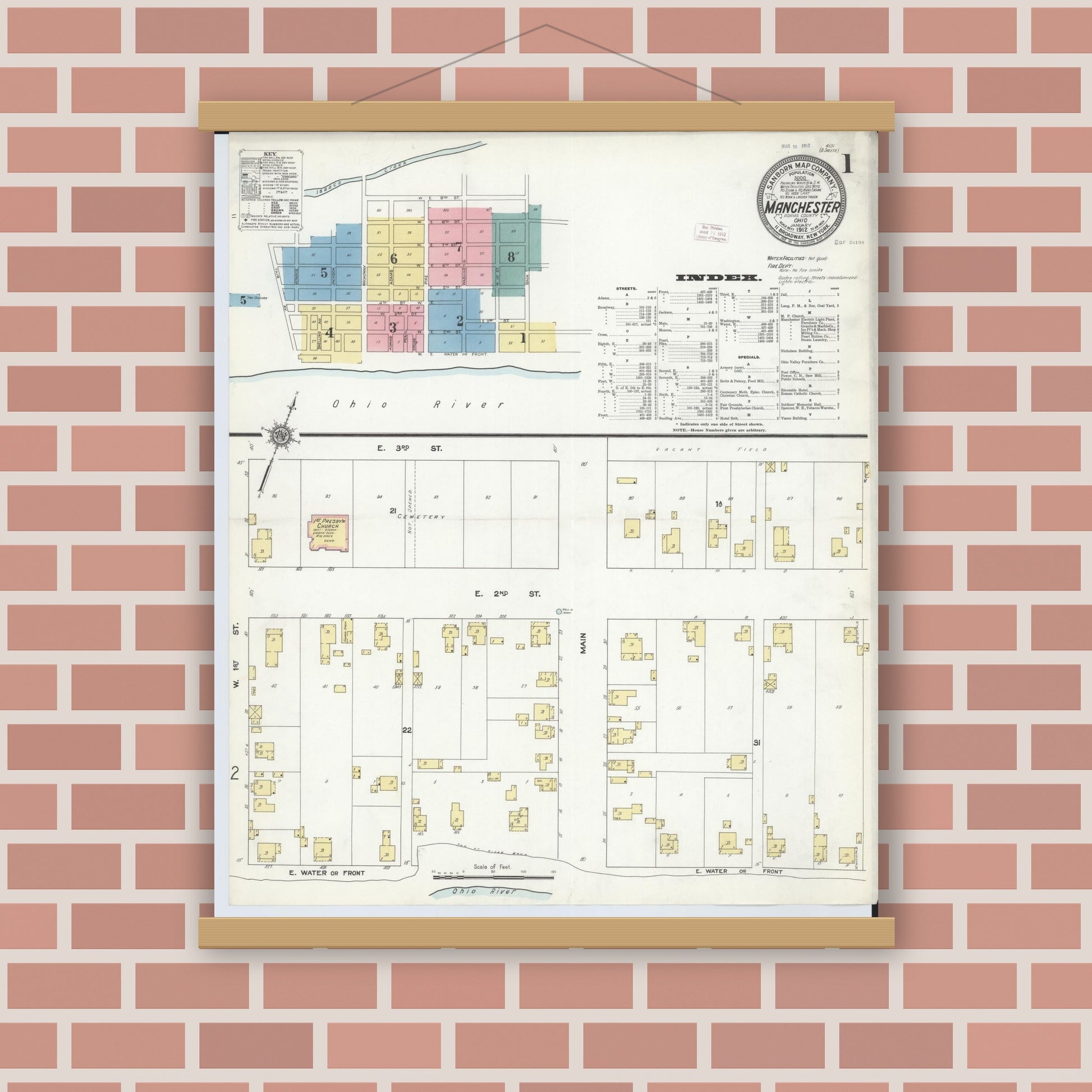 Old map wall art mockup — magnetic wood frame on brick wall — Sanborn Fire Insurance Map from Manchester, Adams County, Ohio (1912) - Complete Map Set
