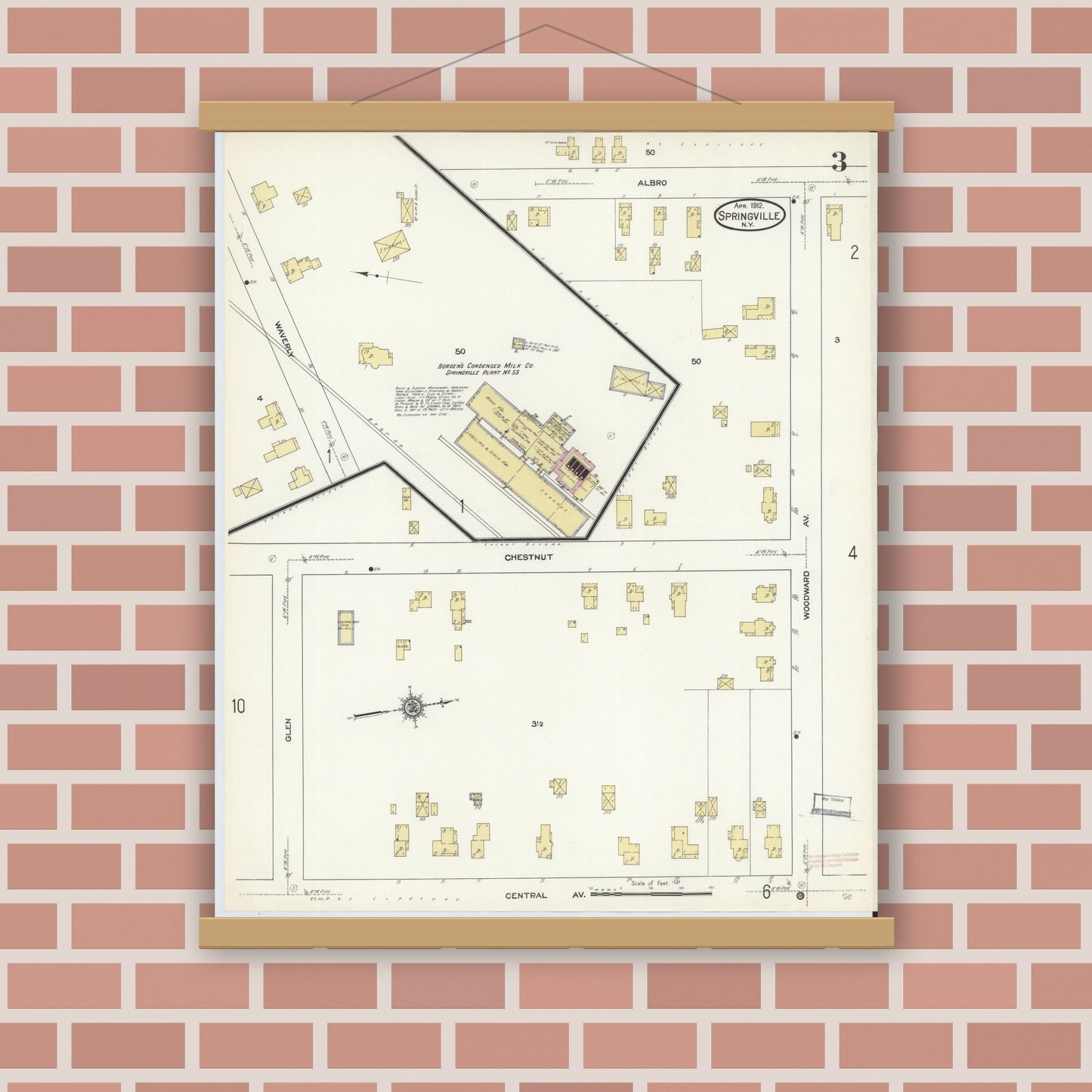 Old map wall art mockup — magnetic wood frame on brick wall — Sanborn Fire Insurance Map from Springville, Erie County, New York (1912), Sheet #0003