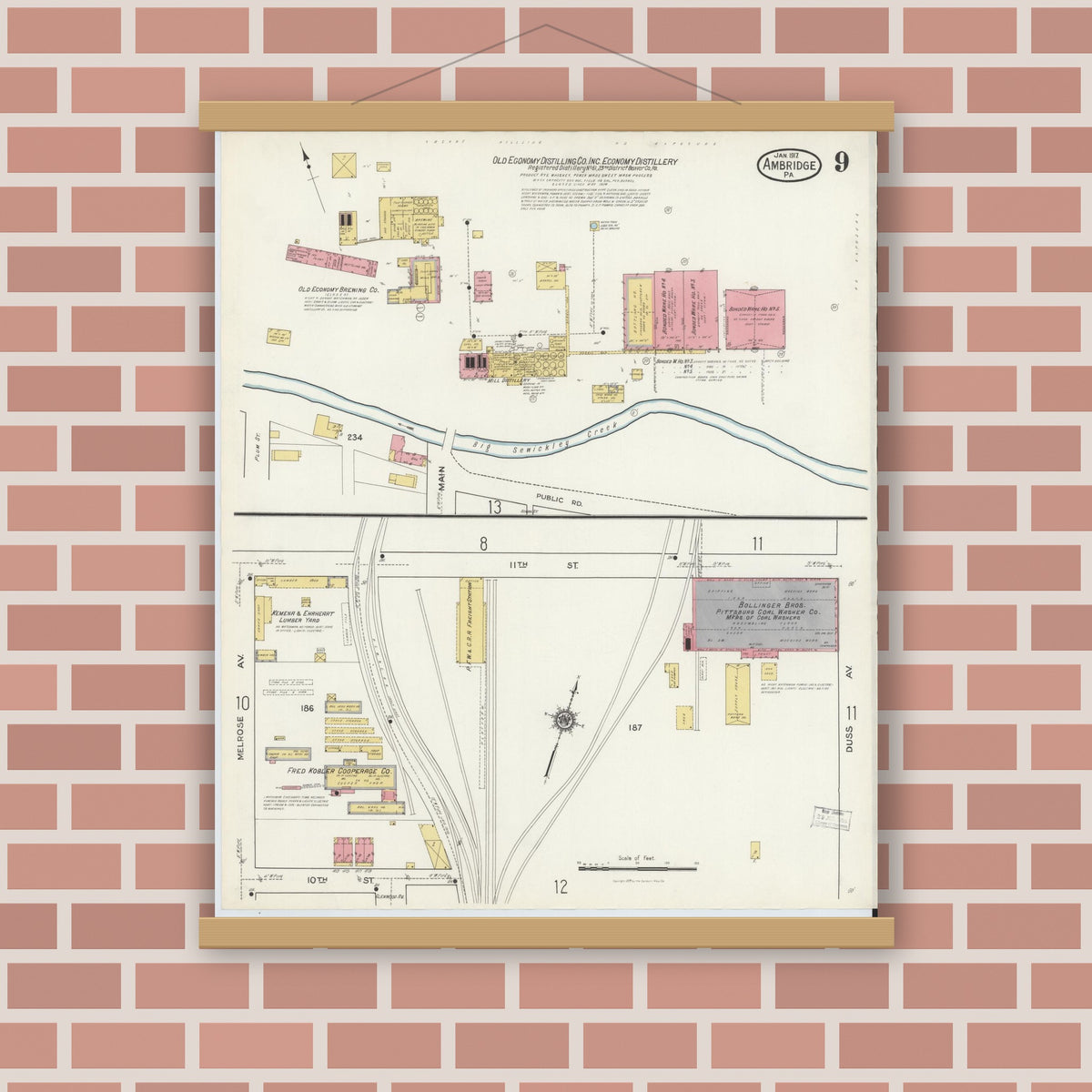 Old map wall art mockup — magnetic wood frame on brick wall — Sanborn Fire Insurance Map from Ambridge, Beaver County, Pennsylvania (1917), Sheet #0009