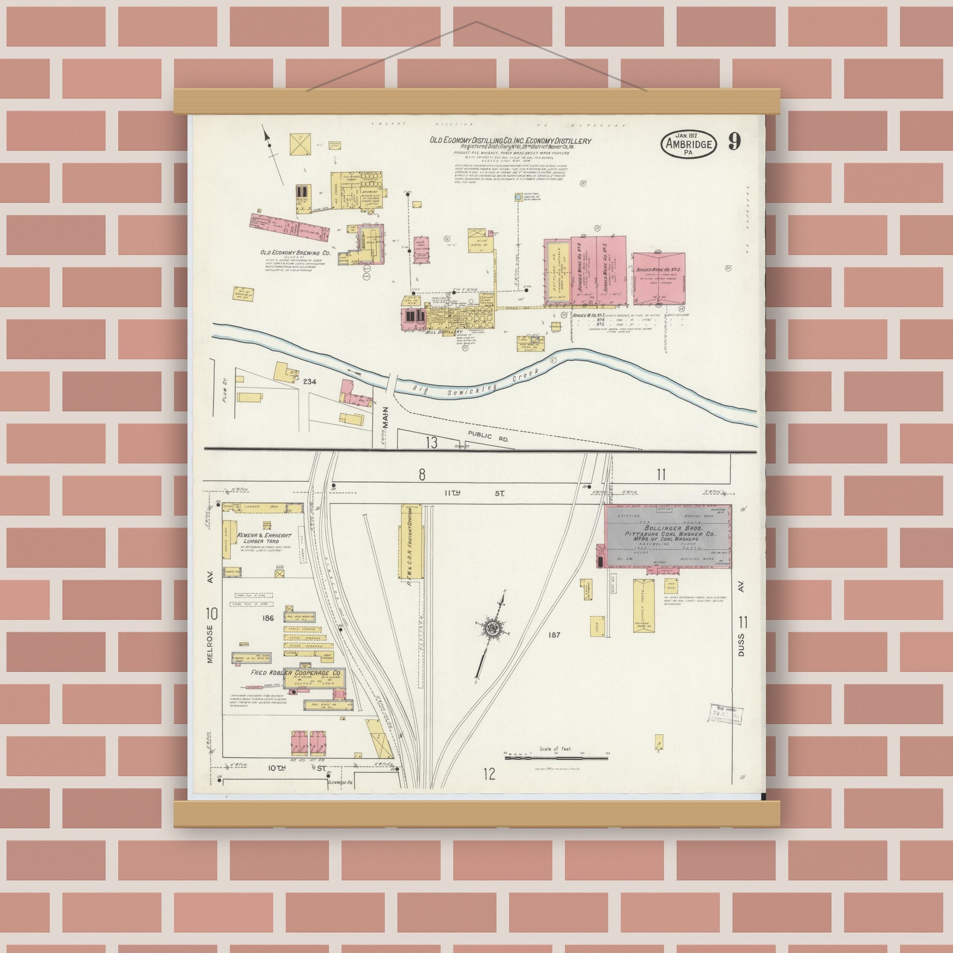 Old map wall art mockup — magnetic wood frame on brick wall — Sanborn Fire Insurance Map from Ambridge, Beaver County, Pennsylvania (1917), Sheet #0009