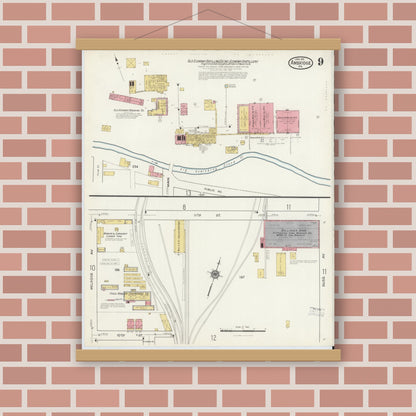 Old map wall art mockup — magnetic wood frame on brick wall — Sanborn Fire Insurance Map from Ambridge, Beaver County, Pennsylvania (1917), Sheet #0009