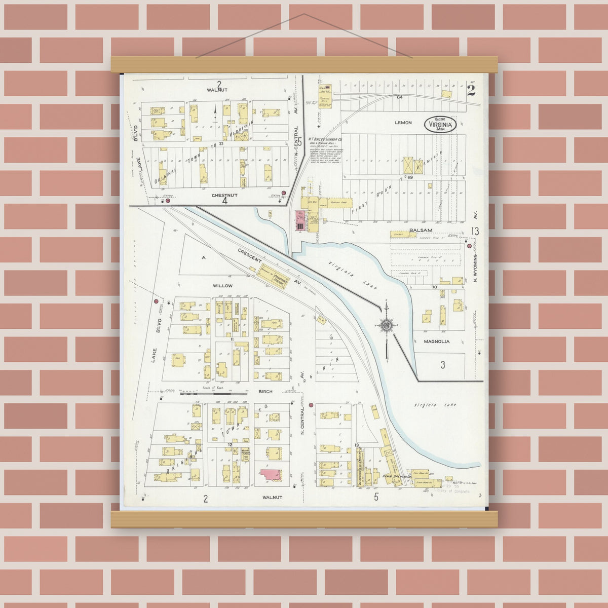 Old map wall art mockup — magnetic wood frame on brick wall — Sanborn Fire Insurance Map from Virginia, Saint Louis County, Minnesota (1910), Sheet #0002