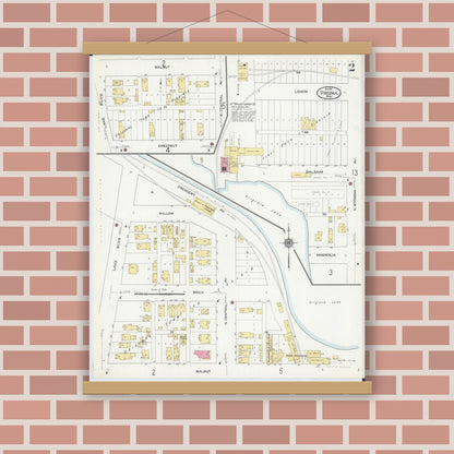 Old map wall art mockup — magnetic wood frame on brick wall — Sanborn Fire Insurance Map from Virginia, Saint Louis County, Minnesota (1910), Sheet #0002