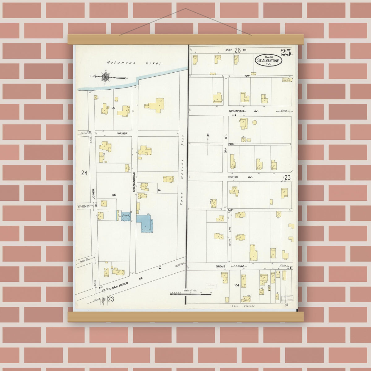 Old map wall art mockup — magnetic wood frame on brick wall — Sanborn Fire Insurance Map from Saint Augustine, Saint John's County, Florida (1910), Sheet #0025