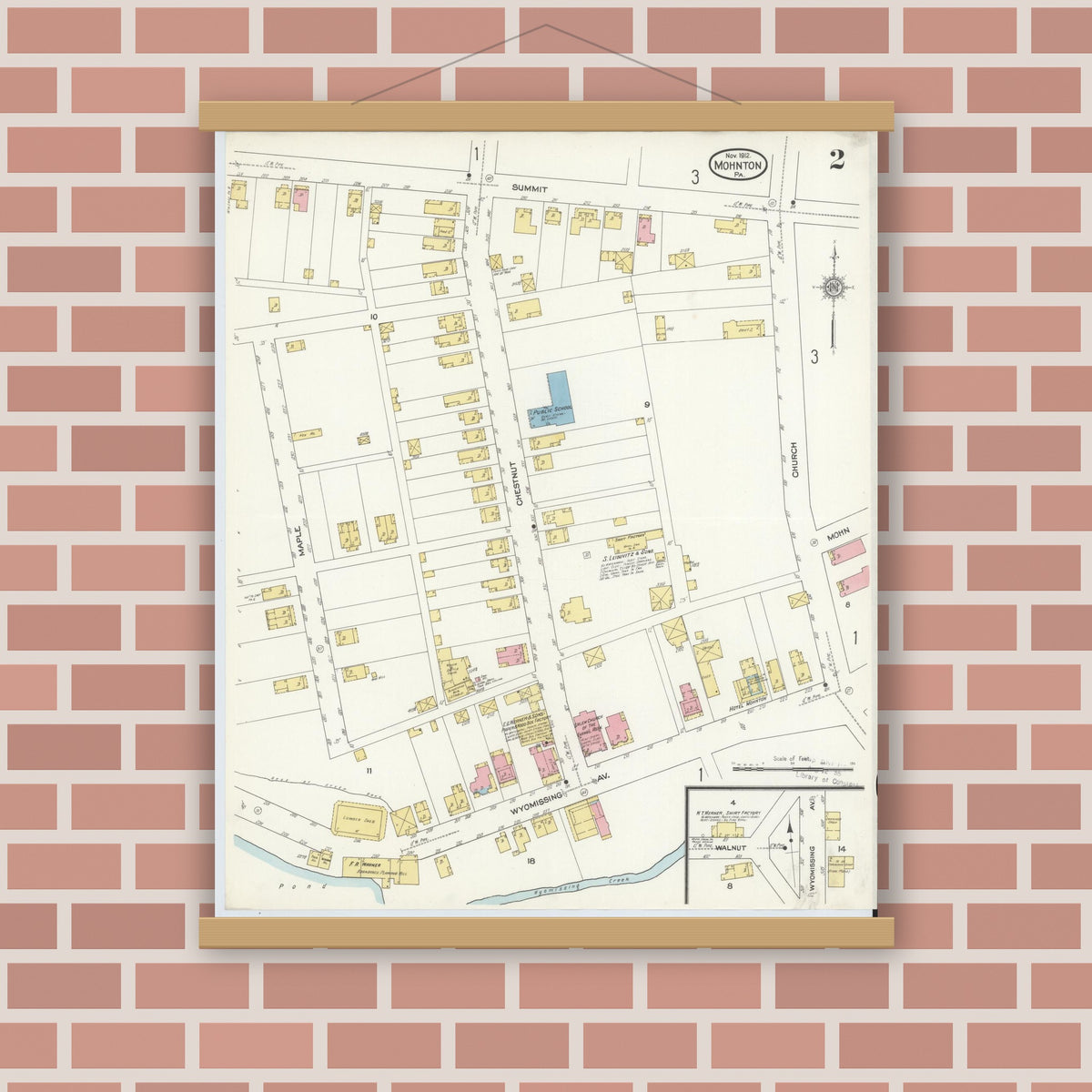 Old map wall art mockup — magnetic wood frame on brick wall — Sanborn Fire Insurance Map from Mohnton, Berks County, Pennsylvania (1912), Sheet #0002
