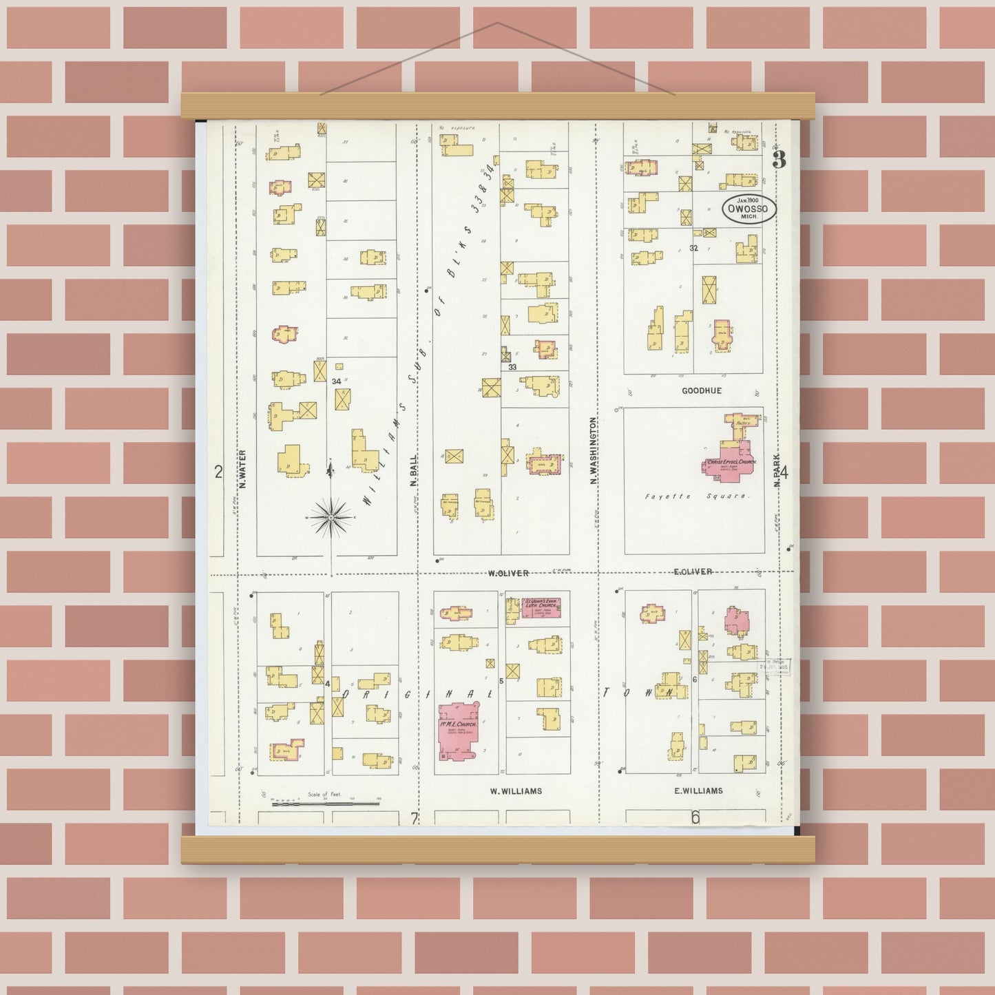 Old map wall art mockup — magnetic wood frame on brick wall — Sanborn Fire Insurance Map from Owosso, Shiawassee County, Michigan (1900), Sheet #0003