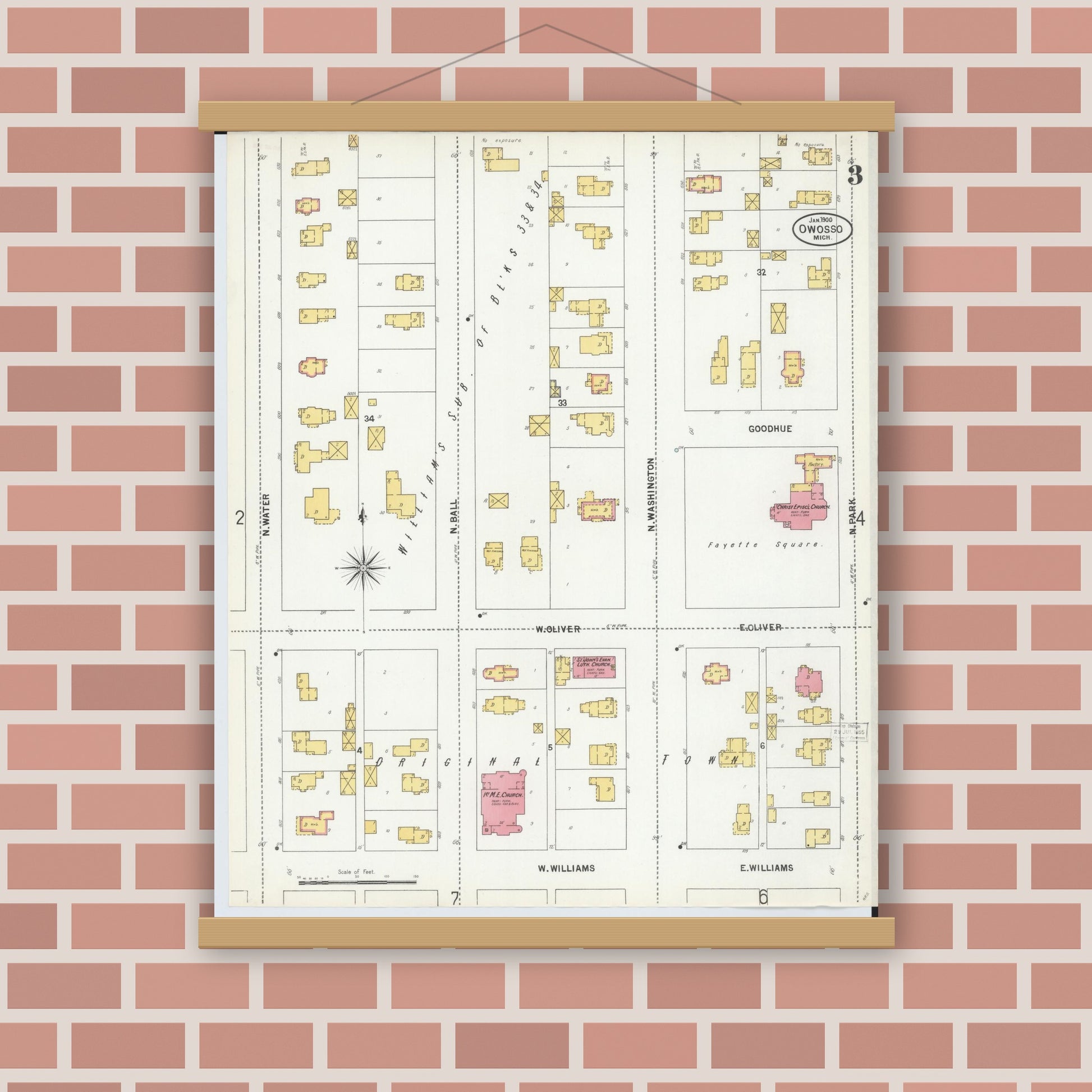 Old map wall art mockup — magnetic wood frame on brick wall — Sanborn Fire Insurance Map from Owosso, Shiawassee County, Michigan (1900), Sheet #0003